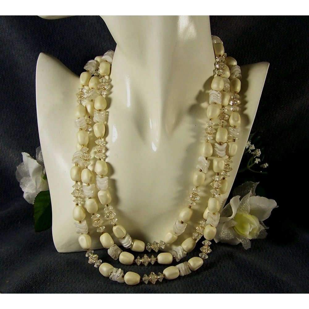 Multiple 3 Strand Beaded Versatile Necklace Cream White Clear Hong Kong Vintage
